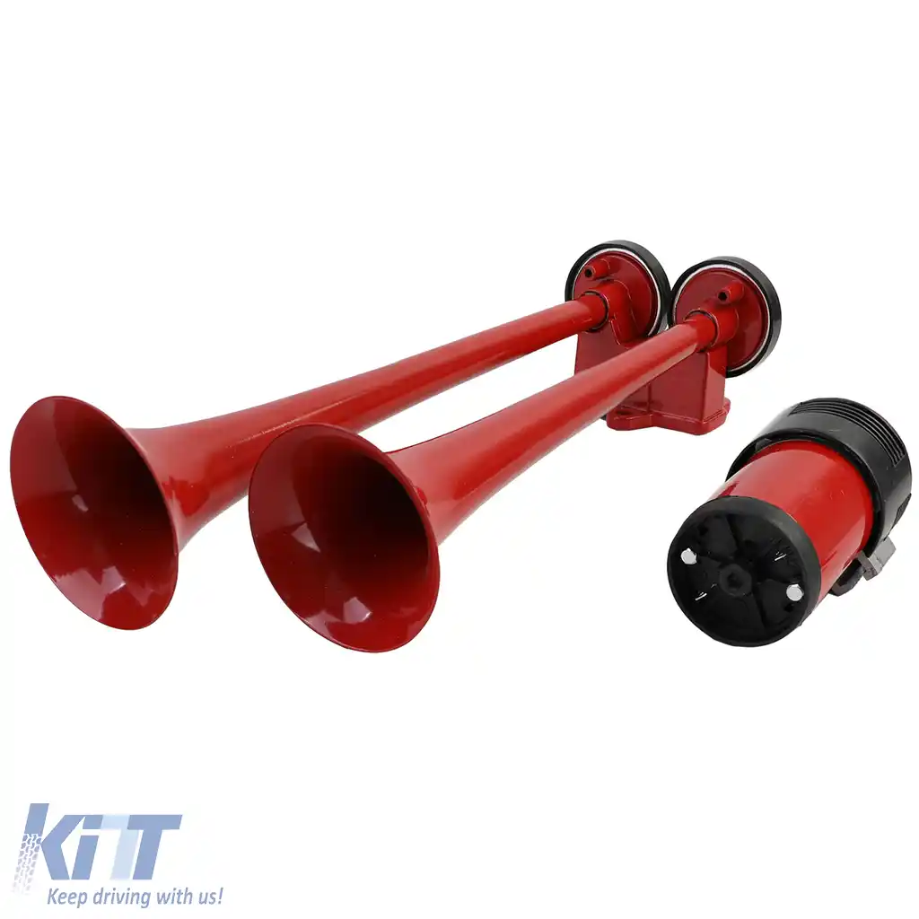 Claxon pentru barcă în 2 tonuri cu 2 claxoane metalice roșii + compresor 12 volți-image-6204709