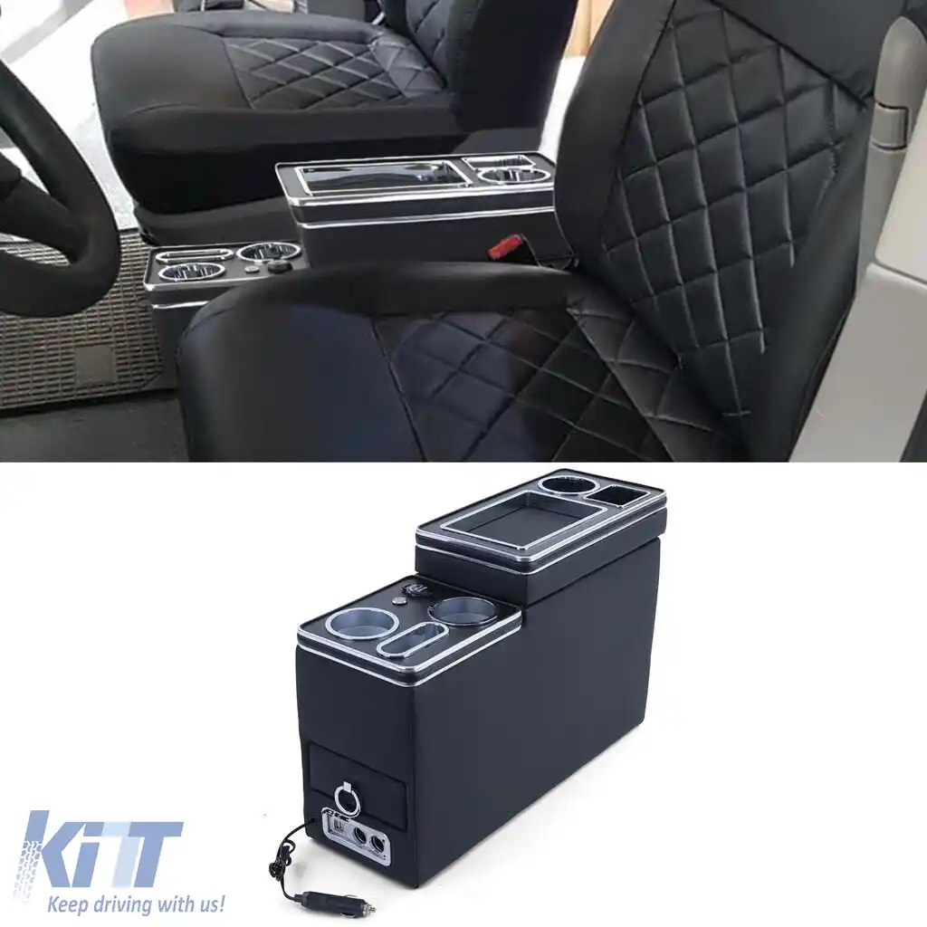 Console central confort cu compartiment de stocare și USB, piele neagră, potrivită pentru VW Bus T5 T6 din 03-image-6197763
