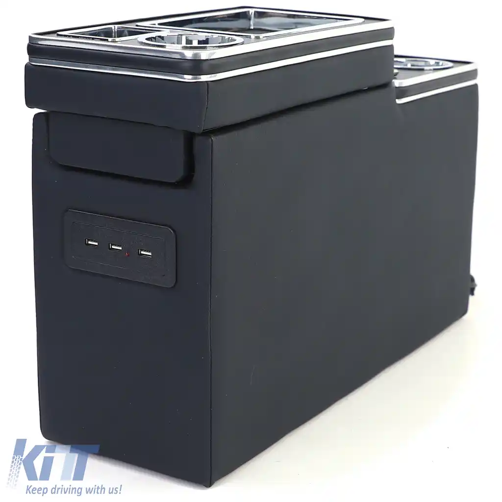 Console central confort cu compartiment de stocare și USB, piele neagră, potrivită pentru VW Bus T5 T6 din 03-image-6197767