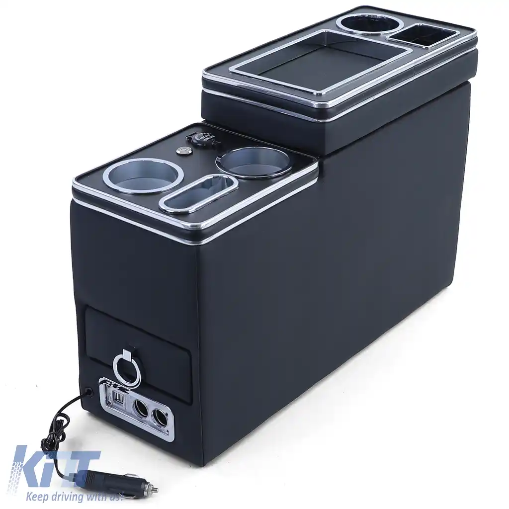 Console central confort cu compartiment de stocare și USB, piele neagră, potrivită pentru VW Bus T5 T6 din 03-image-6197769