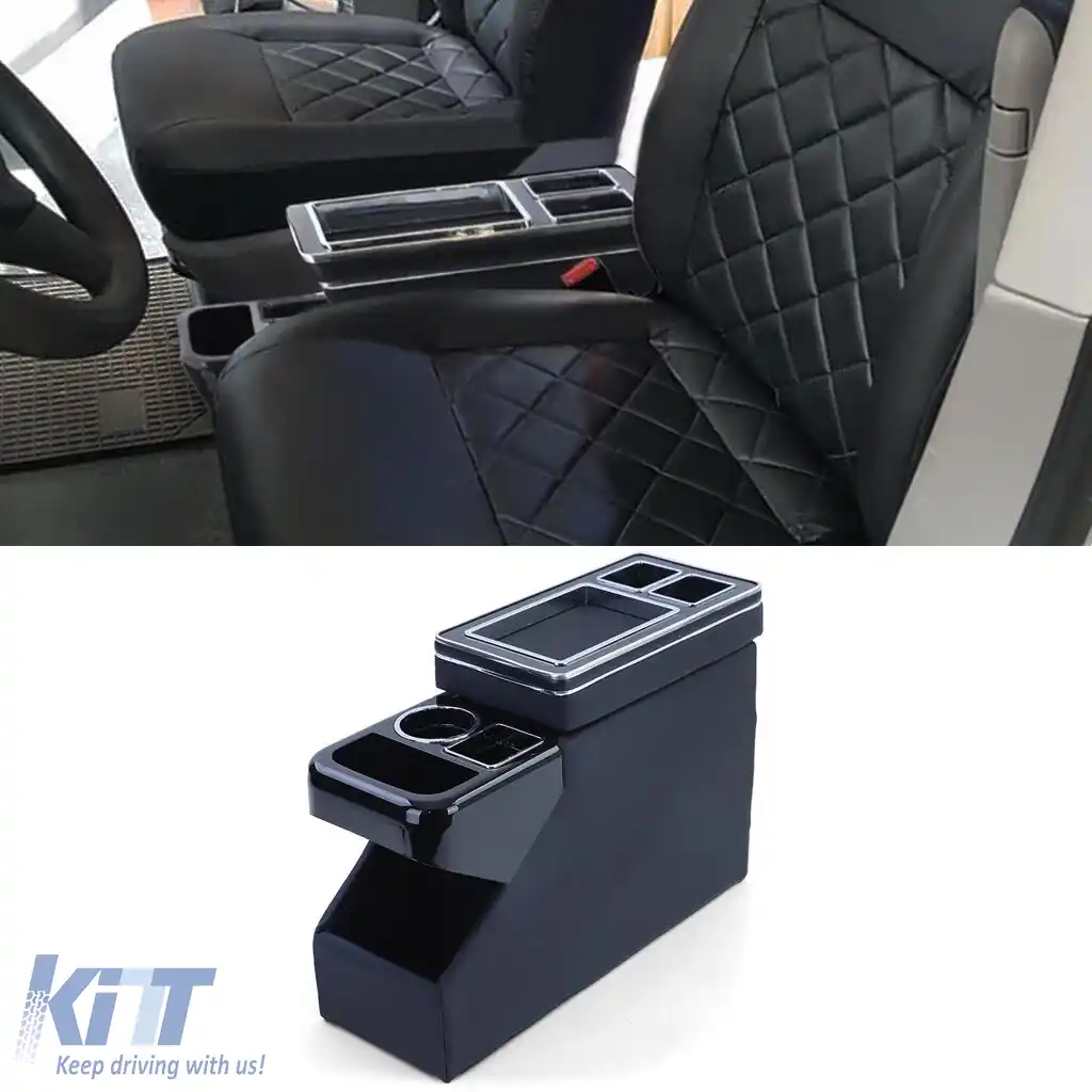 Console central cu compartimente de stocare, piele neagră lucioasă, potrivită pentru VW Bus T5 T6 din 03-image-6206441