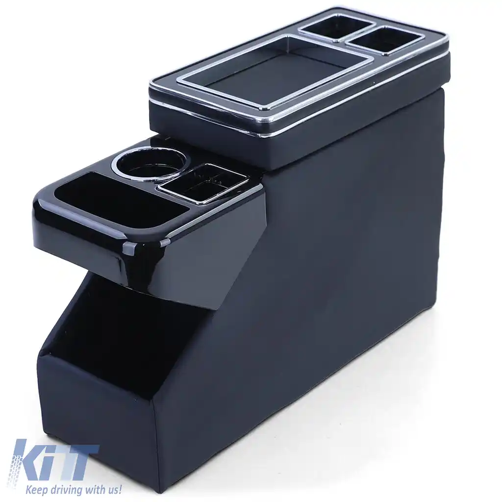 Console central cu compartimente de stocare, piele neagră lucioasă, potrivită pentru VW Bus T5 T6 din 03-image-6206443