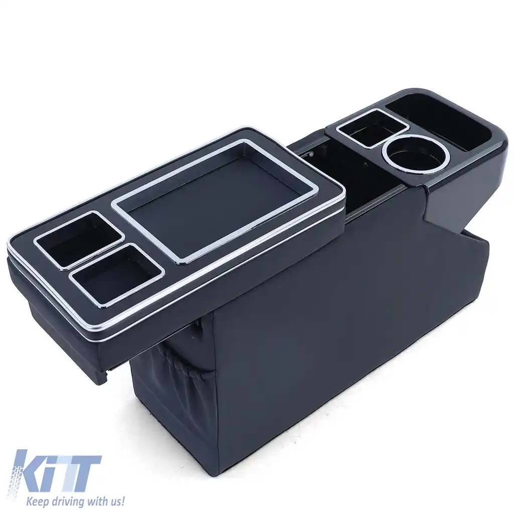 Console central cu compartimente de stocare, piele neagră lucioasă, potrivită pentru VW Bus T5 T6 din 03-image-6206445