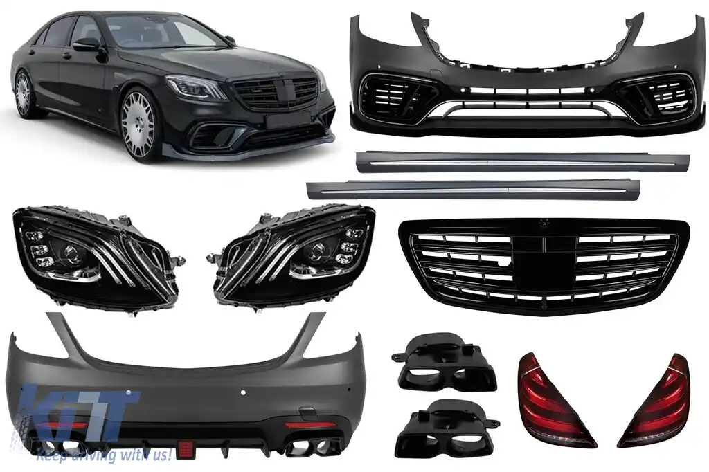 Conversie de tuning B design de la Mercedes S-Class W222 Long 2013-2016 la S-Class W222 Facelift 2017-2020 cu praguri, cu faruri, cu stopuri, cu grilă neagră
