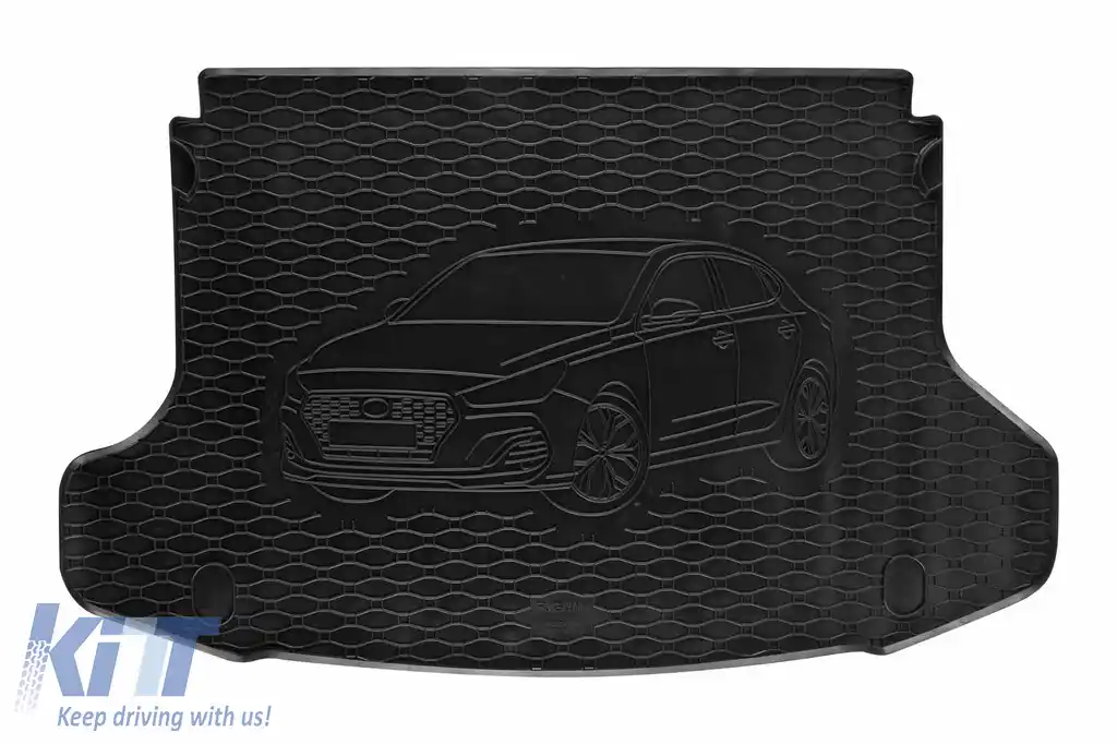 Covor de cauciuc pentru portbagaj de la Rigum, potrivit pentru Hyundai i30 Fastback după 2018, cu logo-ul siluetei vehiculului, negru