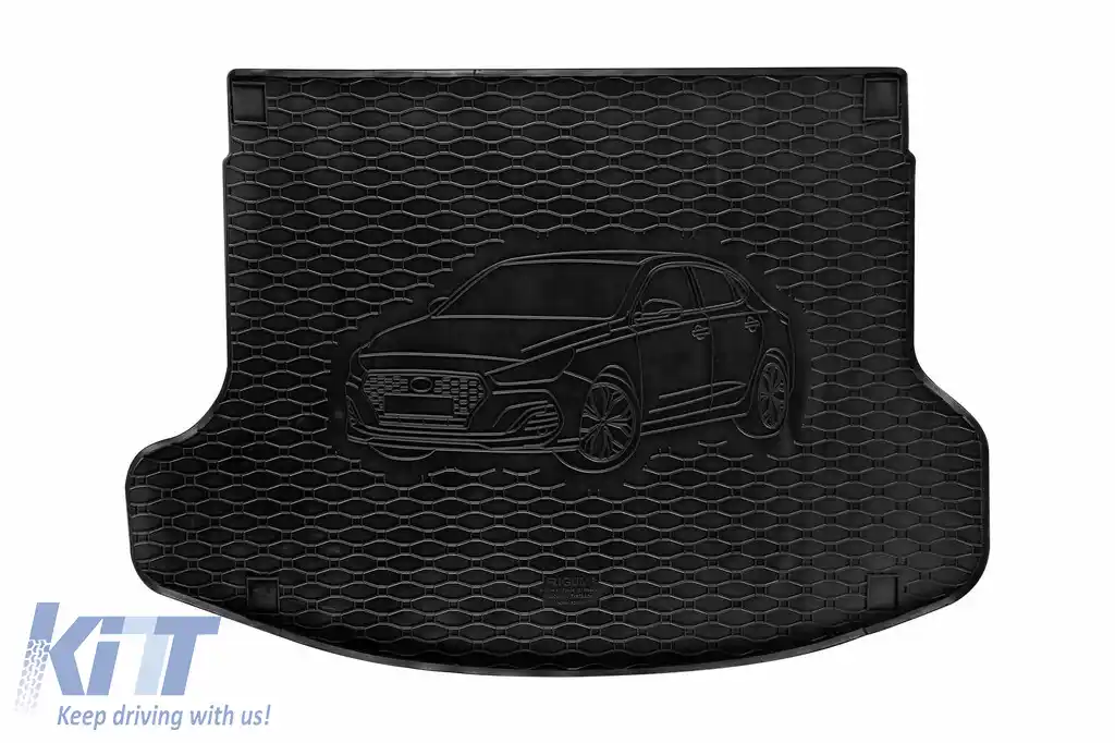 Covor de portbagaj din cauciuc de la Rigum potrivit pentru Hyundai i30 Fastback după 2019, i30 N Fastback după 2021 cu podeaua portbagajului în poziția superioară, cu logo-ul siluetei vehiculului, neg
