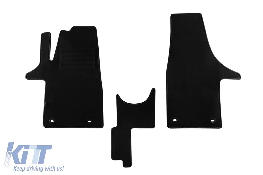 Covorașe de podea din mochetă cu două straturi, potrivite pentru VW T5 2003-2015 cu ampatament scurt, 3 locuri, set de 3 bucăți, negre, de la Petex, țesătură Rex.
