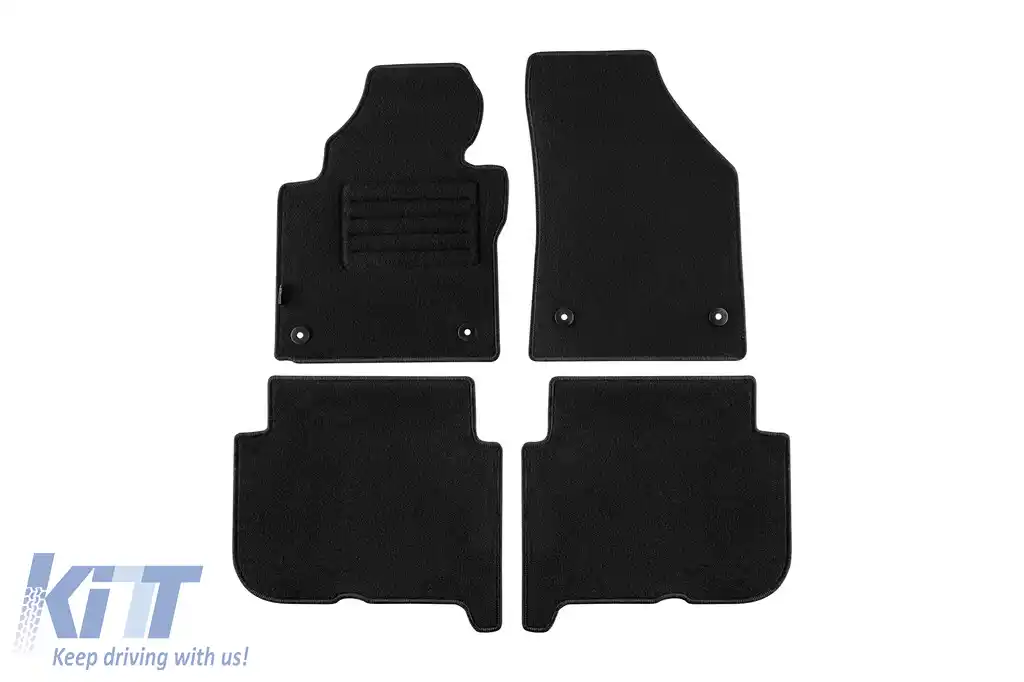 Covorașe de podea din mochetă cu două straturi, potrivite pentru VW Touran 2007-2015, cu 5 locuri, cu deschideri ovale, set de 4 bucăți, negre