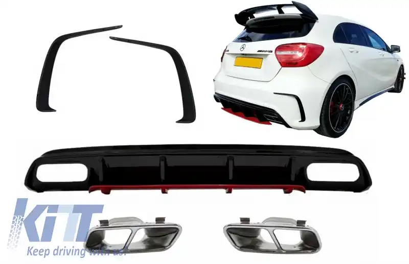 Difuzor Bara Spate cu Ornamente Crom si Prelungiri Extensii compatibil cu Mercedes A-Class W176 Facelift (2015-2018) A45 Design