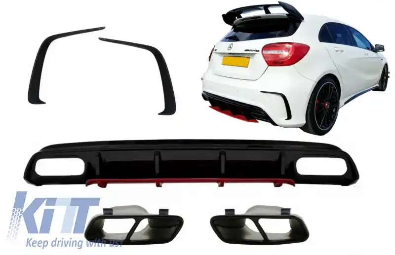 Difuzor Bara Spate cu Ornamente Negru si Prelungiri Extensii compatibil cu Mercedes A-Class W176 Facelift (2015-2018) A45 Design