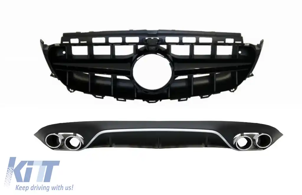 Difuzor Bara Spate cu Ornamente toba si Grila Centrala compatibil cu Mercedes E-Class C238 A238 AMG Sport Line (2016+) E53 E63 Design Negru