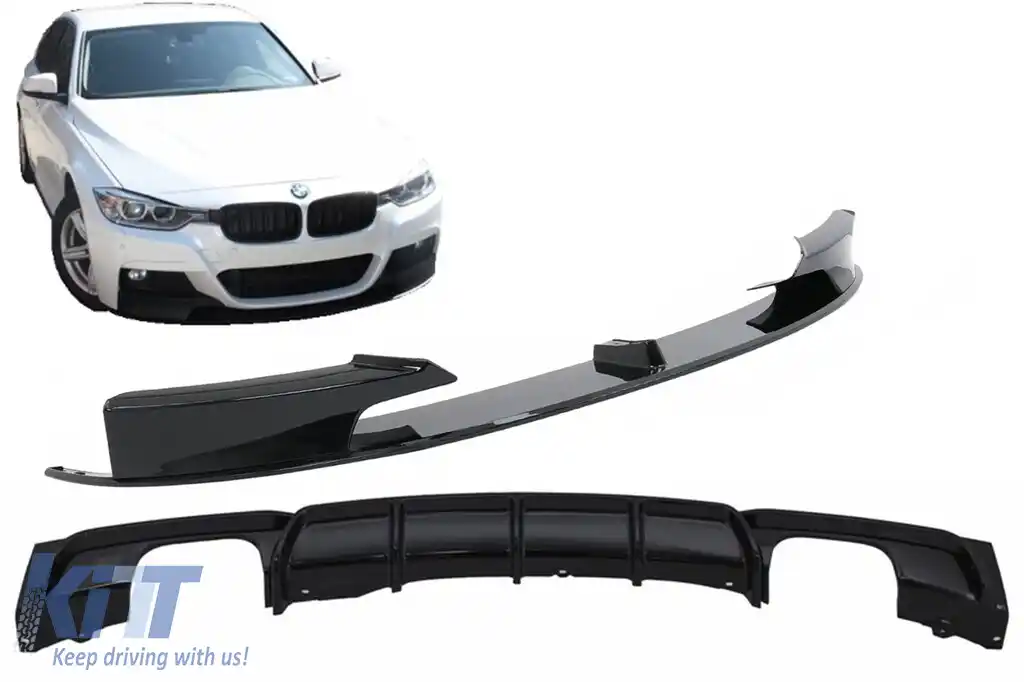 Difuzor Bara Spate Evacuare Dubla cu Prelungire Bara Fata Negru Lucios compatibil cu BMW Seria 3 (2011+) F30 F31 M Performance Design