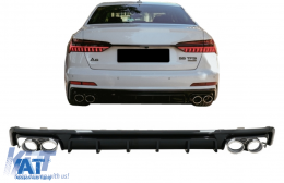 Difuzor Bara Spate si Ornamente Evacuare compatibil cu Audi A6 C8 4K Avant Sedan (2018-up) S6 Design Negru Lucios-image-6087806