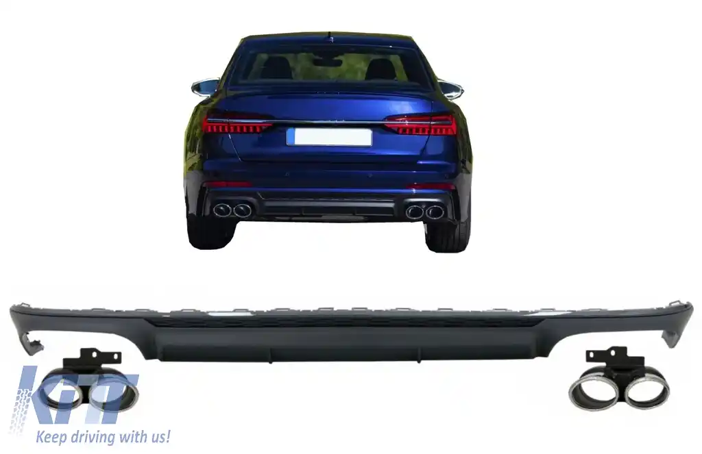 Difuzor Bara Spate si Ornamente Evacuare compatibil cu Audi A6 C8 4K Avant Sedan (2018-up) S6 Design Negru Mat