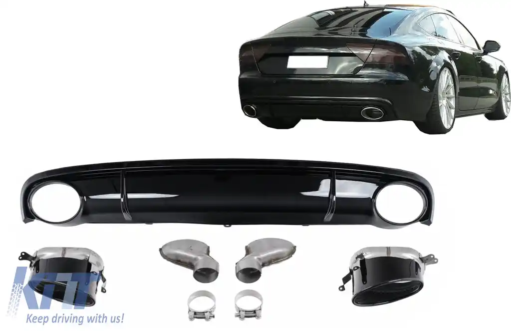 Difuzor Bara Spate si Ornamente Evacuare compatibil cu Audi A7 4G (2010-2014) RS7 Design Negru-image-6277810