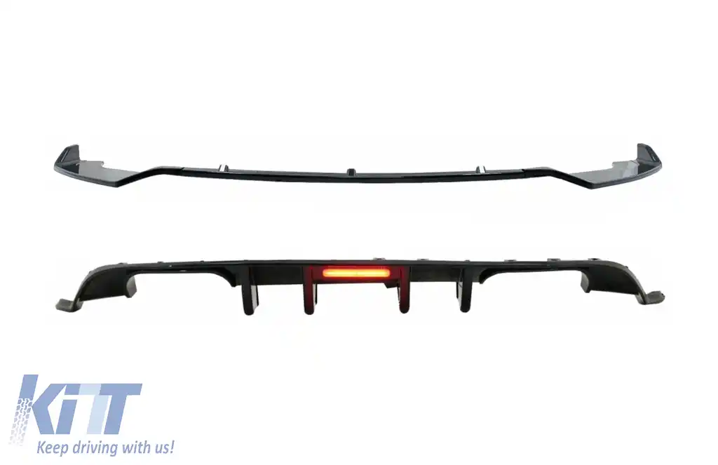 Difuzor Bara Spate si Prelungire Bara Fata compatibil cu VW Golf 7.5 VII Facelift (2017-2019) R Look Negru Lucios cu Reflector Led Rosu