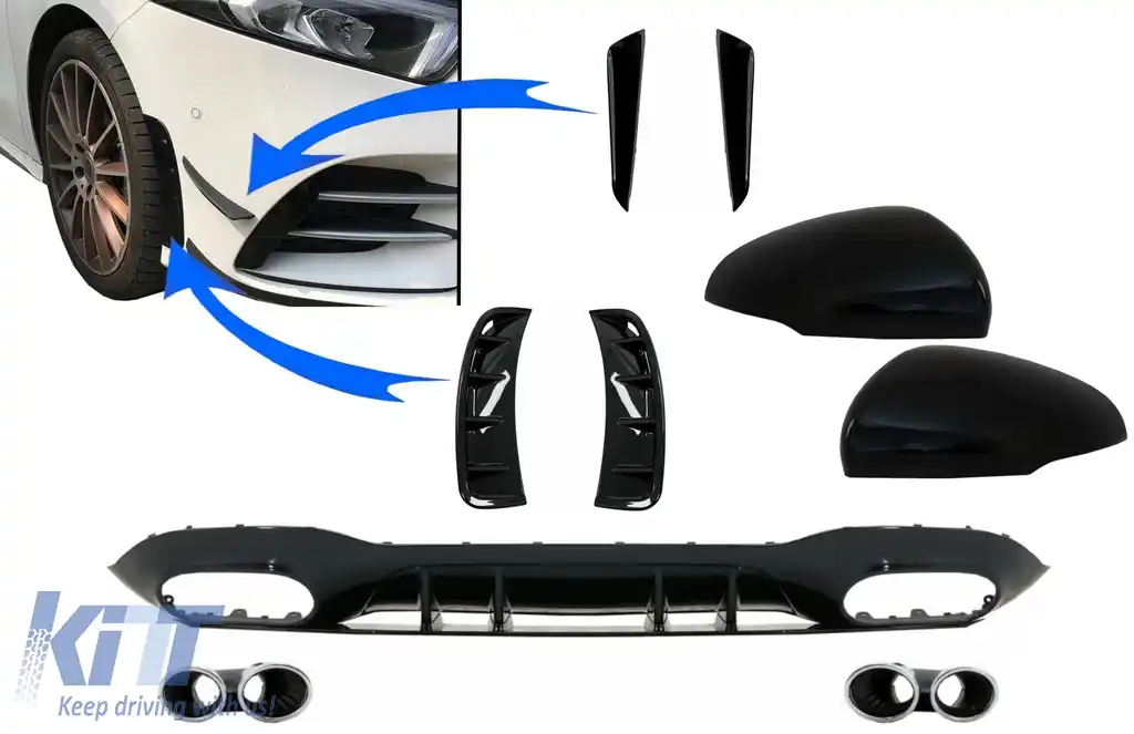Difuzor cu Grila Aripa Aerisiri Laterale si Ornamente bara fata flapsuri & Capace Oglinzi compatibil cu Mercedes A-Class V177 Sedan (2018-2022) Evacuari Crom