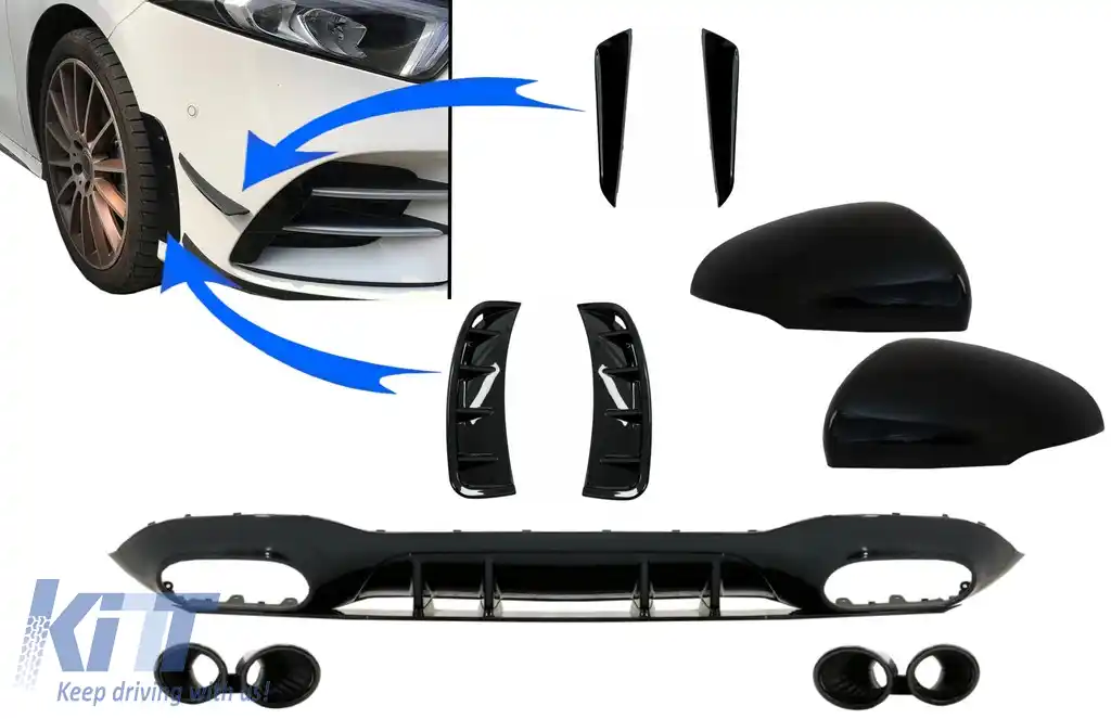 Difuzor cu Grila Aripa Aerisiri Laterale si Ornamente bara fata flapsuri & Capace oglinzi compatibil cu Mercedes A-Class V177 Sedan (2018-2022) Evacuari Negre