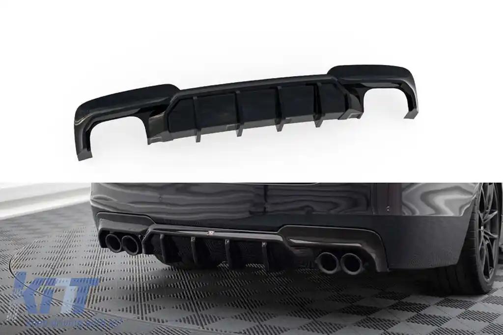 Difuzor Maxton Design versiunea 2 potrivit pentru bara din spate a BMW Seria 5 F10 cu pachet M 2010-2017, pentru versiunea cu două țevi de evacuare duble, lac negru