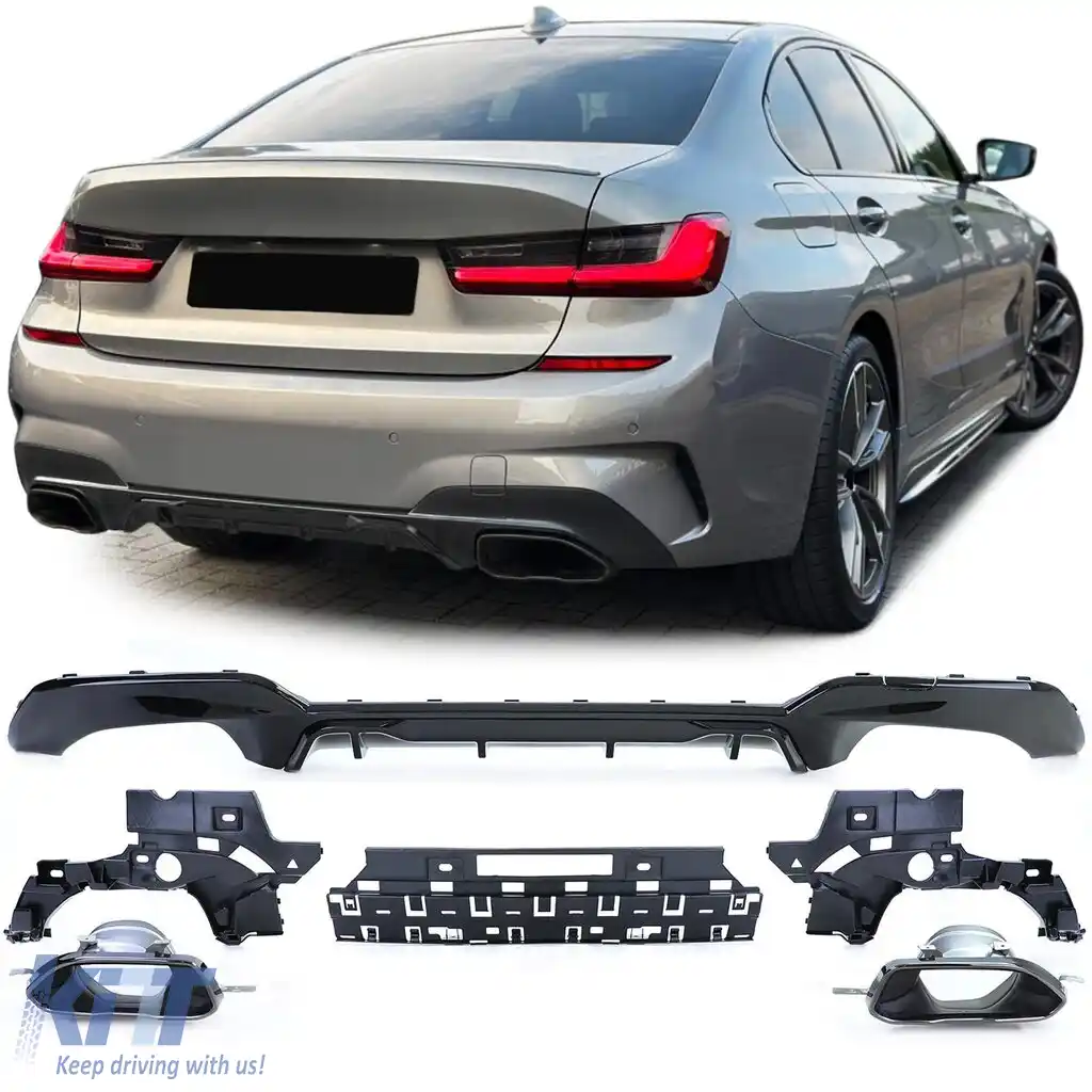 Difuzor sport spate lucios + țevi de eșapament 340 look potrivit pentru BMW Seria 3 G20 G21 320 330