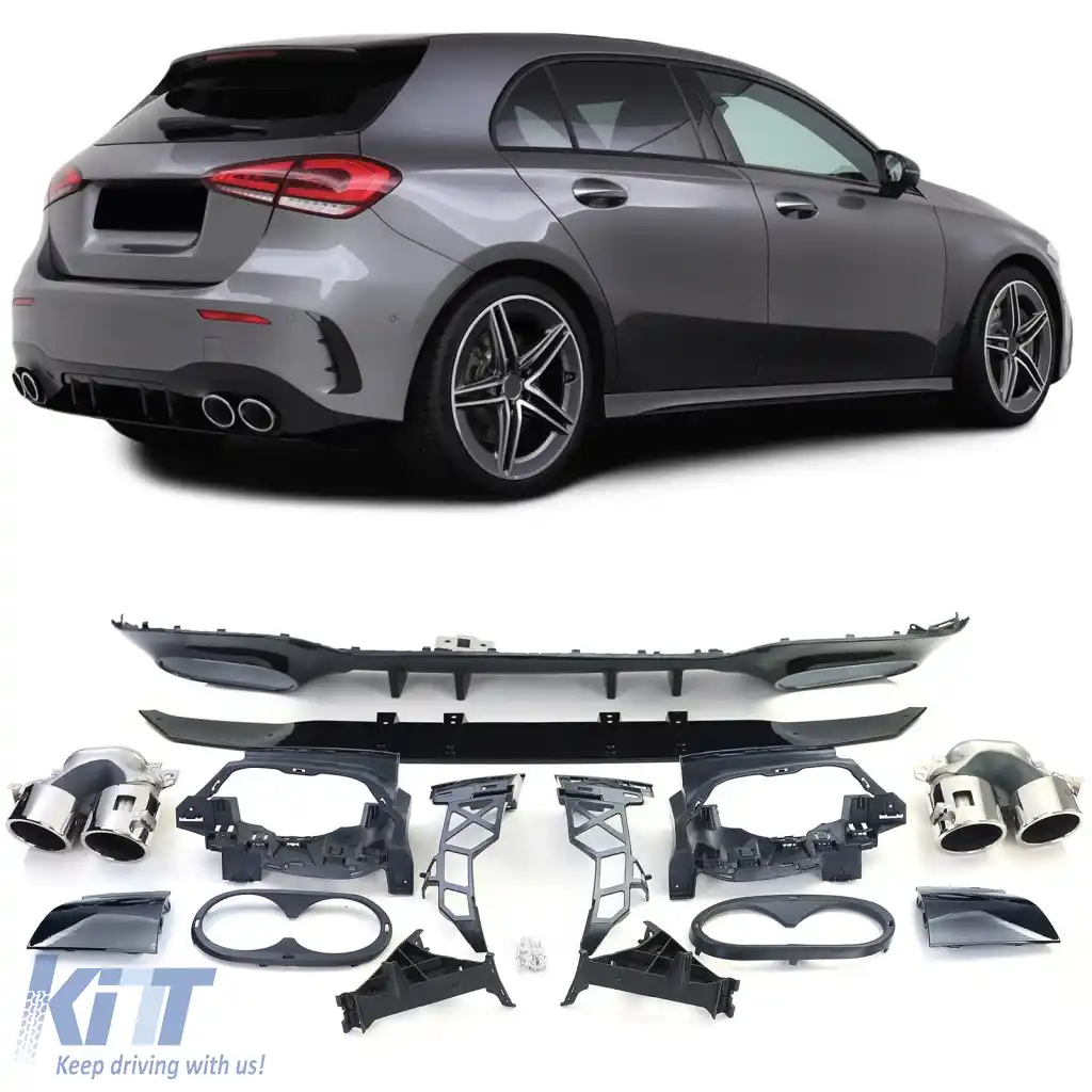 Difuzor sport spate negru cu tevi de eșapament cromate, potrivit pentru Mercedes A-Class W177 din 19
