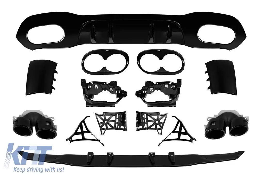 Difuzor tip A45 cu capete negre potrivit pentru bara spate A Design pe Mercedes A-Class A177 sedan după 2018, lac negru -oo--oo-