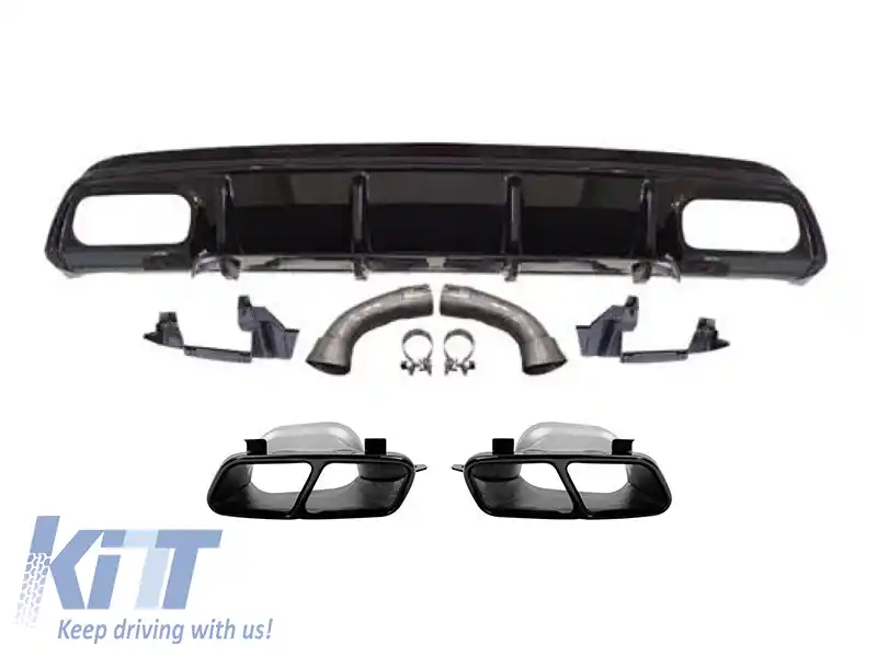 Difuzor tip A45 cu capete negre potrivit pentru bara spate A Design pe Mercedes Clasa A W176 2013-2015, lac negru
