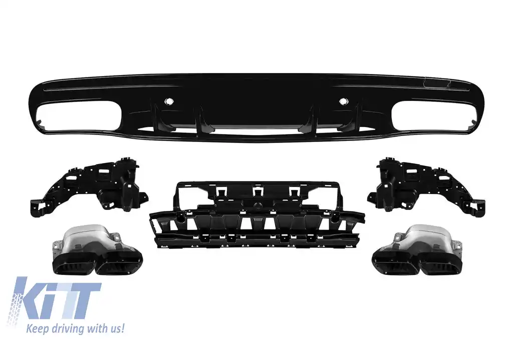 Difuzor tip C63 cu capace negre potrivit pentru bara spate A Design pe Mercedes C-Class W205 sedan, S205 break 2014-2020 -oo--oo-, cu garnitură neagră