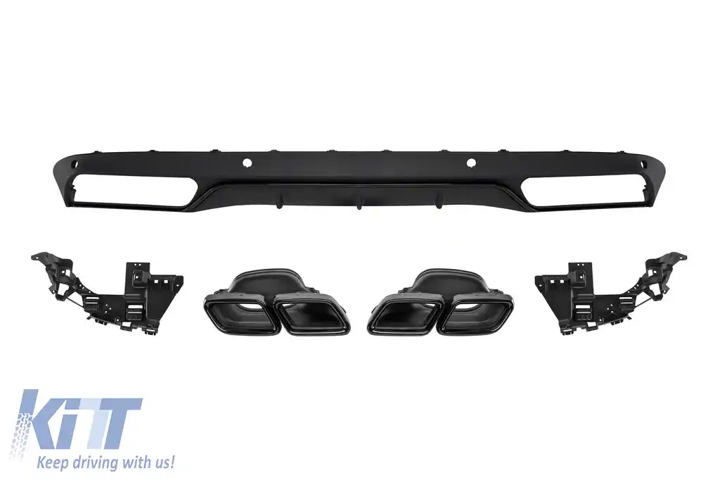 Difuzor tip C63 cu capace negre potrivit pentru bara spate standard pentru Mercedes C-Class W205 sedan, S205 break 2013-2019 -oo--oo-, cu garnitură neagră