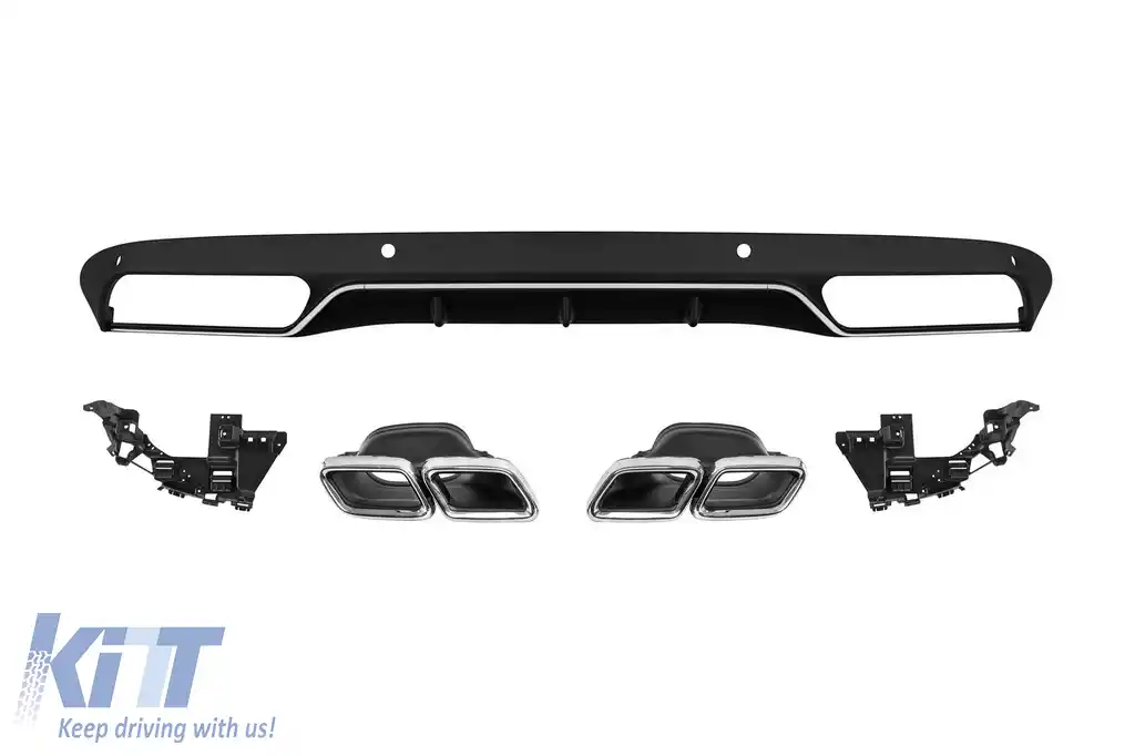 Difuzor tip C63 cu capete cromate potrivit pentru bara spate standard pentru Mercedes Clasa C W205 sedan, S205 break 2013-2019 -oo--oo-, cu garnitură cromată