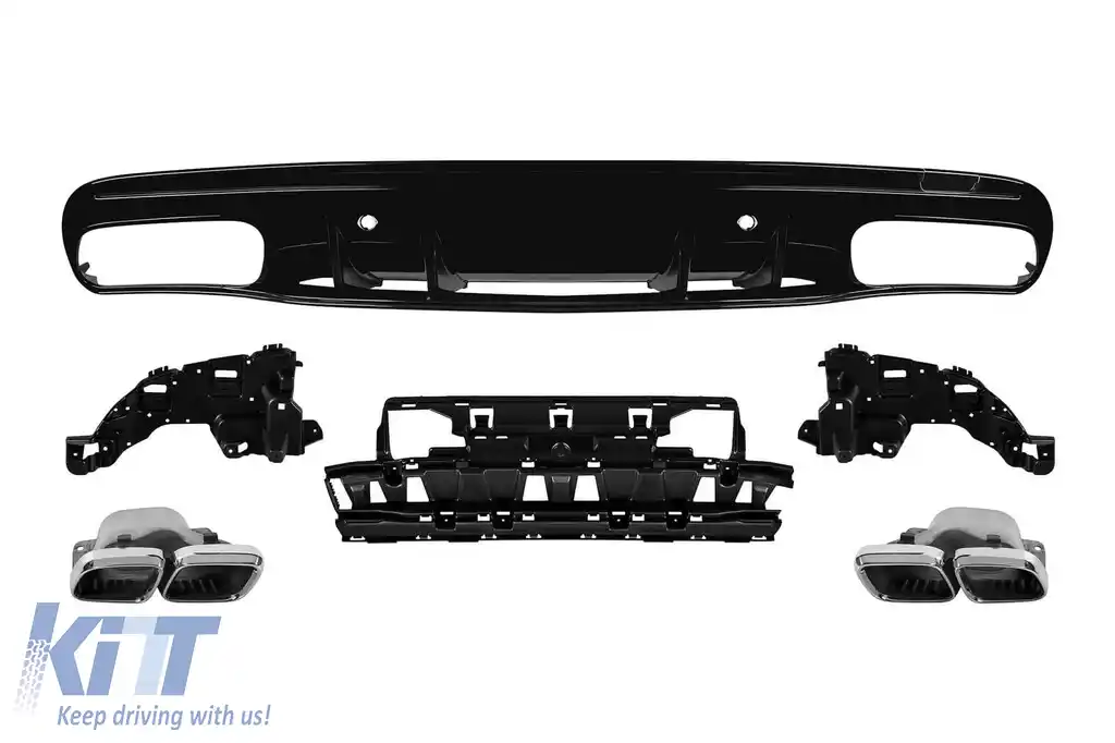 Difuzor tip C63 cu capete cromate potrivit pentru bara spate A Design pe Mercedes C-Class W205 sedan, S205 break 2014-2020 -oo--oo-, cu garnitură neagră
