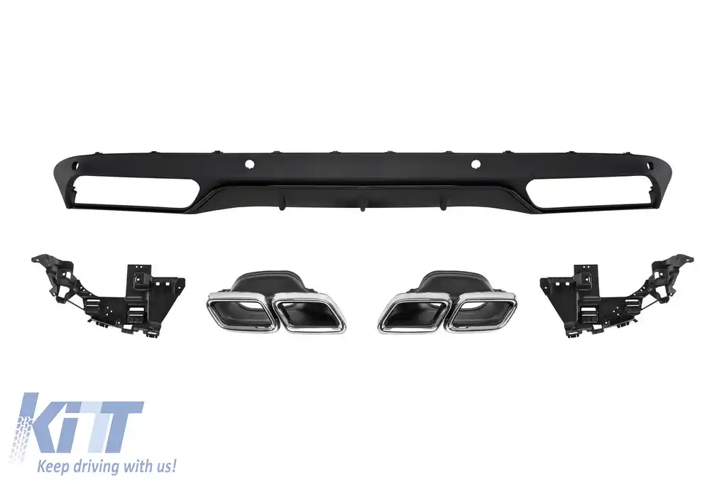 Difuzor tip C63 cu capete cromate potrivit pentru bara de protecție din spate standard pentru Mercedes Clasa C W205 sedan, S205 break 2013-2019 -oo--oo-, cu garnitură neagră