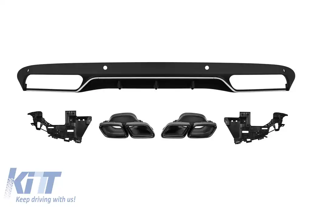 Difuzor tip C63 cu capete negre potrivit pentru bara de protecție spate standard pentru Mercedes C-Class W205 sedan, S205 break 2013-2019 -oo--oo-, cu garnitură cromată
