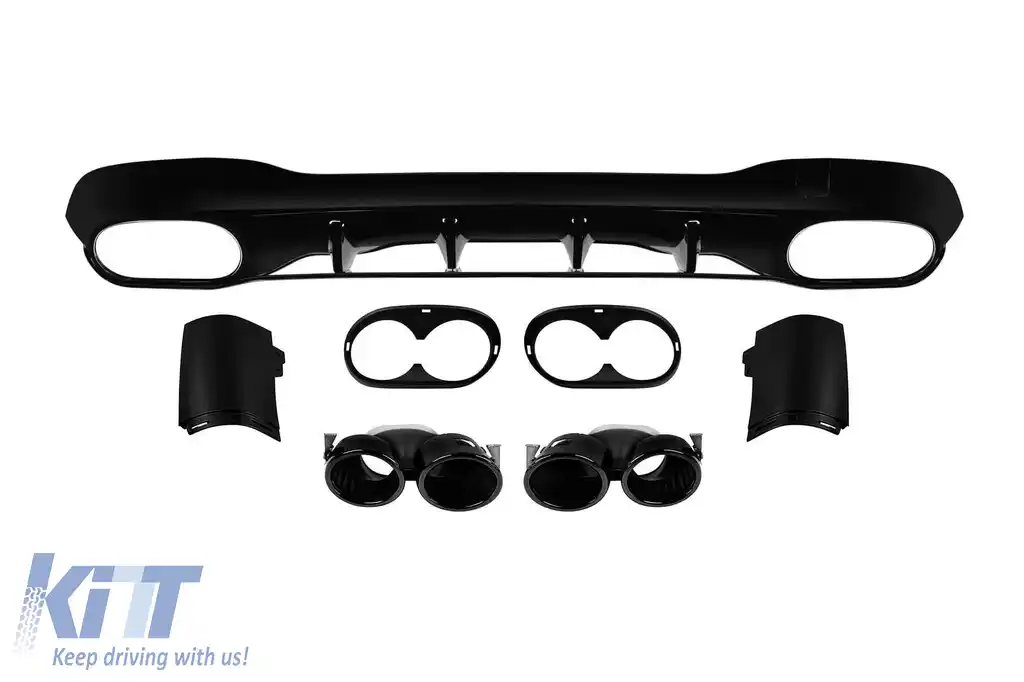 Difuzor tip CLA45 cu capete negre potrivit pentru bara de protecție din spate A Design pe Mercedes CLA C118 după 2019, lac negru, -oo--oo-