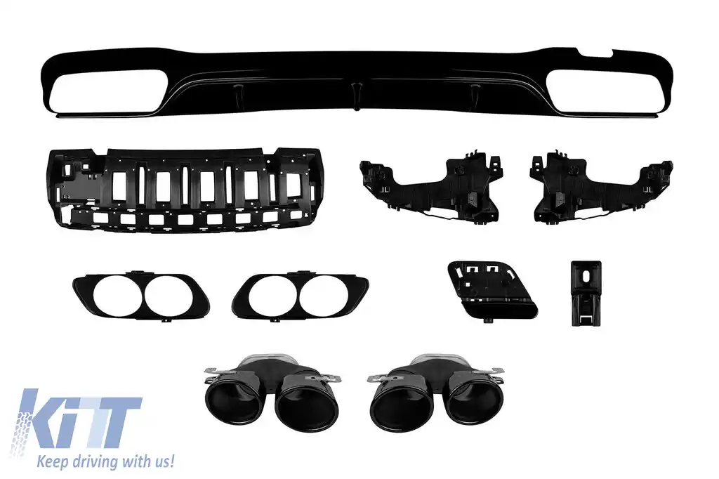 Difuzor tip E53 cu capace negre potrivit pentru bara spate A Design a Mercedes E-Class W213 sedan după 2016 -oo--oo-, cu garnitură neagră