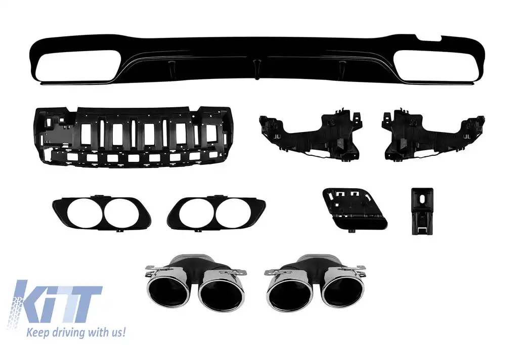Difuzor tip E53 cu capete cromate potrivit pentru bara spate A Design la Mercedes E-Class W213 sedan după 2016 -oo--oo-, cu garnitură neagră