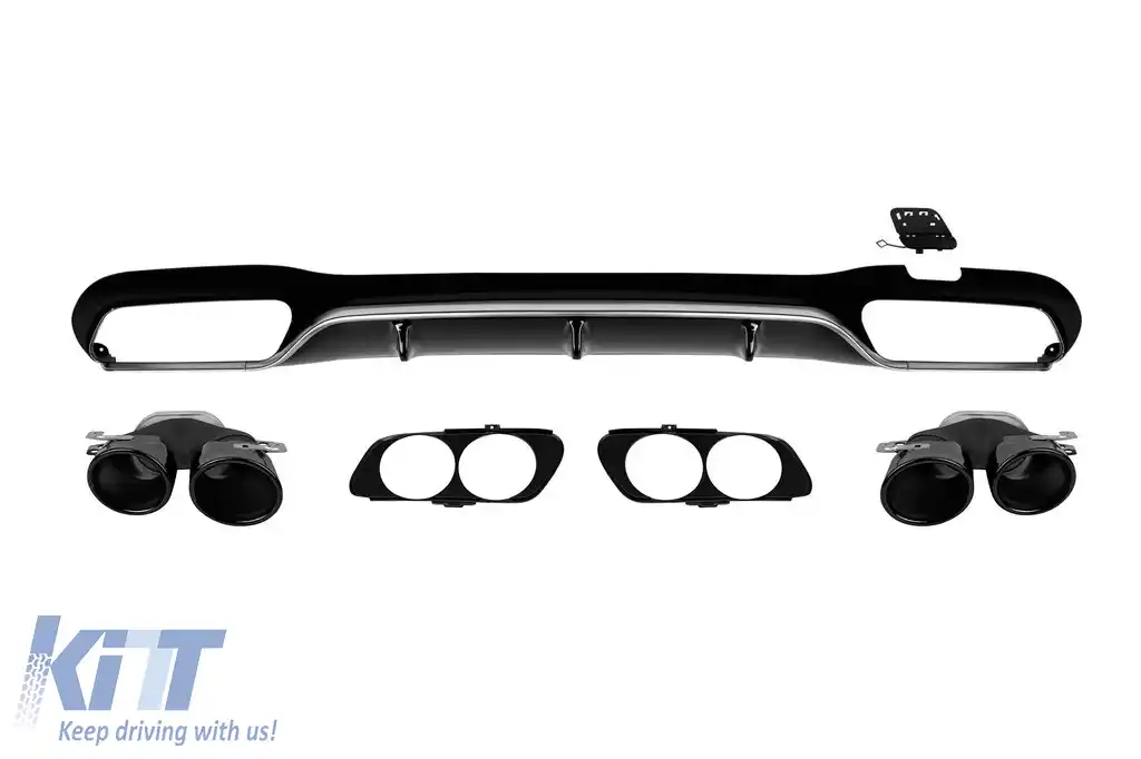Difuzor tip E53 cu duze negre potrivit pentru bara spate A Design a Mercedes E-Class W213 sedan 2016-2022, lac negru cu garnitură cromată, -oo--oo-