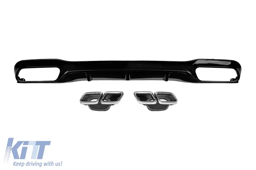 Difuzor tip E63 cu capace cromate pentru bara spate A Design potrivit pentru Mercedes E-Class W213 după 2016 -oo--oo-, cu garnitură neagră