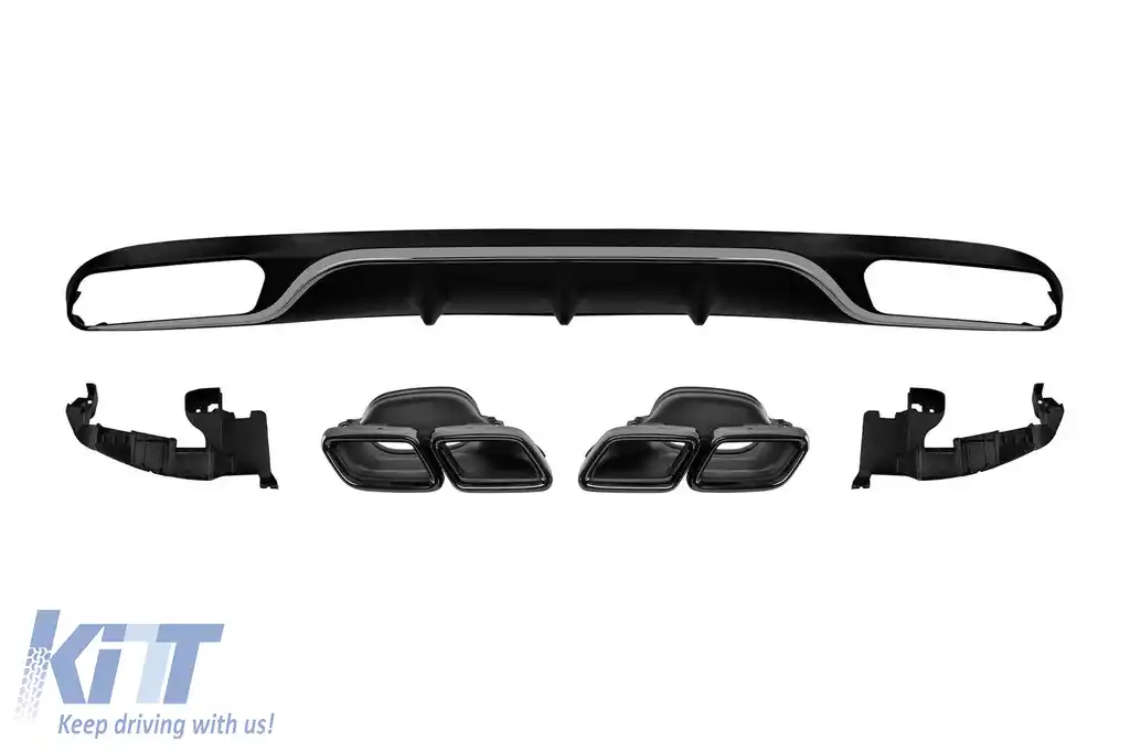 Difuzor tip E63 cu capace negre potrivit pentru bara spate standard a Mercedes E-Class W213 dupa 2016 -oo--oo-, garnitura cromata