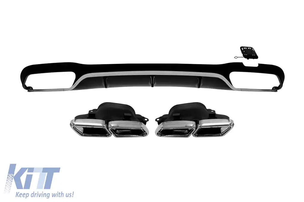 Difuzor tip E63 cu capete cromate potrivit pentru bara de protecție din spate A Design pe Mercedes E-Class W213 sedan, S213 break 2016-2022 cu garnitură cromată -oo--oo-