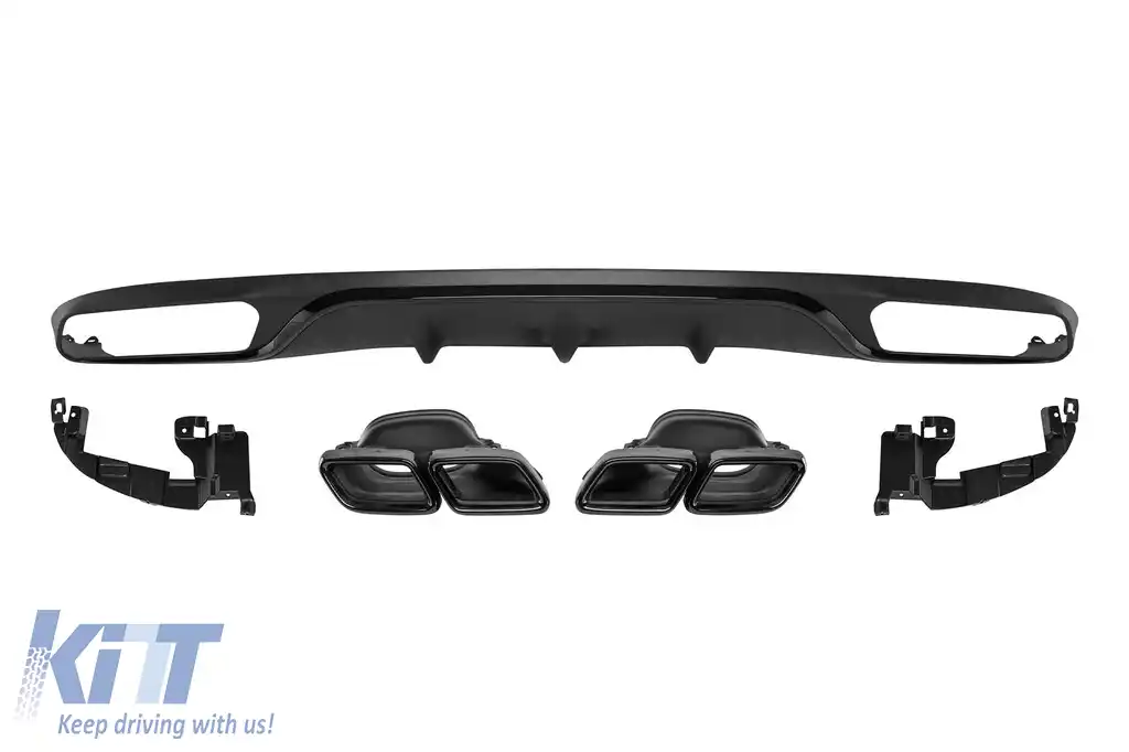 Difuzor tip E63 cu capete negre potrivit pentru bara spate standard a Mercedes E-Class W213 după 2016 -oo--oo-, garnitură neagră