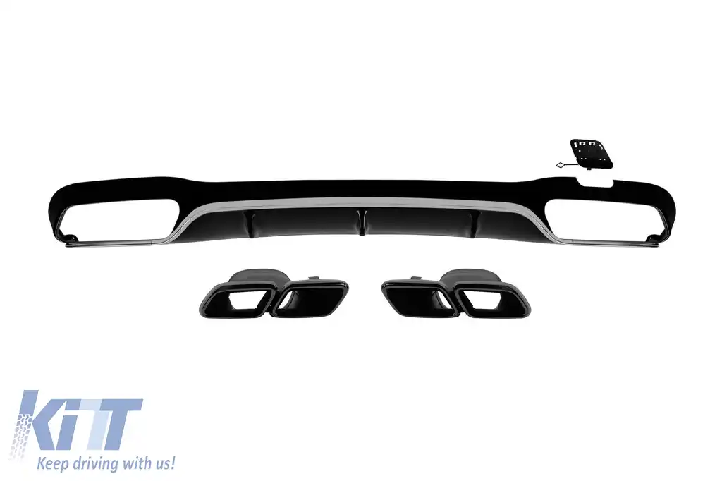 Difuzor tip E63 cu capete negre potrivit pentru bara spate A Design pe Mercedes E-Class W213 sedan, S213 break 2016-2022 cu garnitură cromată -oo--oo-