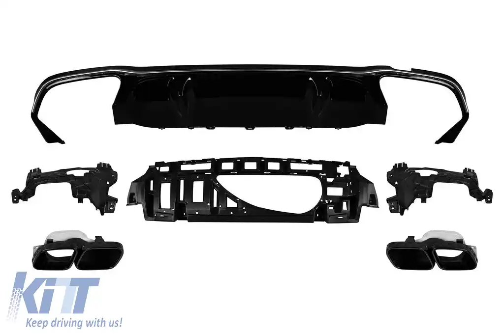Difuzor tip E63 GT cu capace negre pentru bara spate A Design potrivit pentru Mercedes E-Class W213 după 2021 -oo--oo-, garnitură cromată