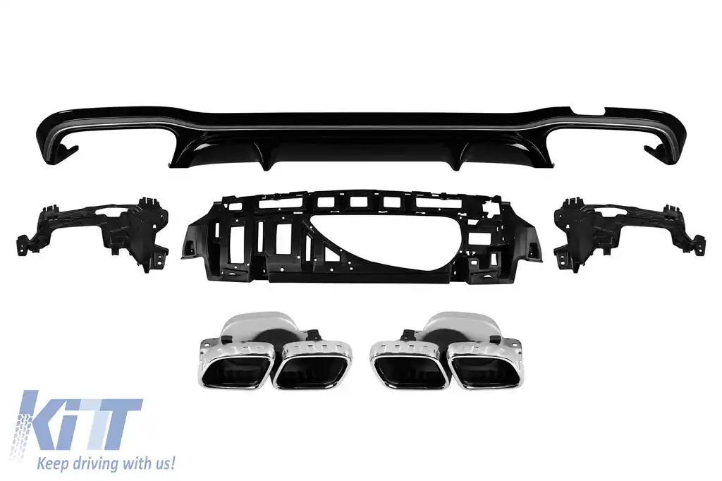 Difuzor tip E63 GT cu capete cromate pentru bara spate A Design potrivit pentru Mercedes E-Class W213 sedan după 2016 -oo--oo-, cu garnitură cromată