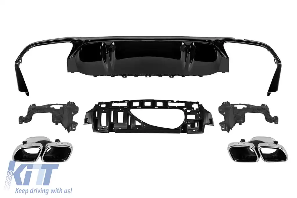 Difuzor tip E63 GT cu capete cromate potrivit pentru bara spate A Design la Mercedes E-Class W213 după 2020 -oo--oo-, garnitură neagră