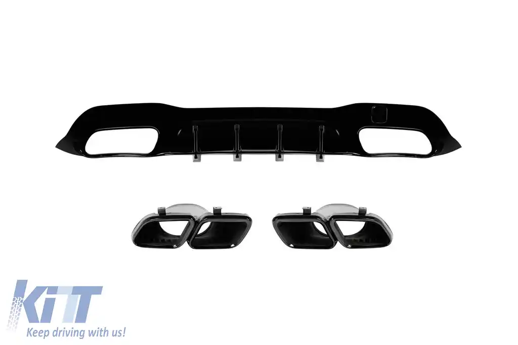 Difuzor tip GT63s cu capete negre potrivit pentru bara spate A Design pe Mercedes A Design GT X290 după 2018 -oo--oo-, lac negru