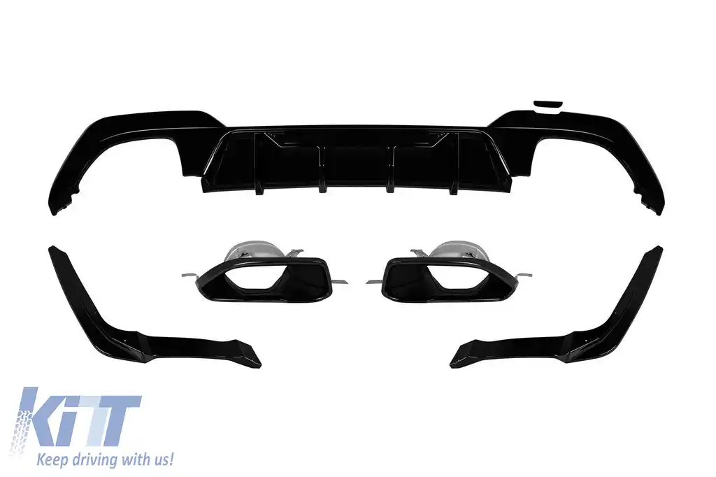 Difuzor tip M Performance Design Design cu capete negre 340 potrivit pentru bara spate M Technik pe BMW Seria 3 G20, G21, G28 după 2019, -o---o-, lac negru