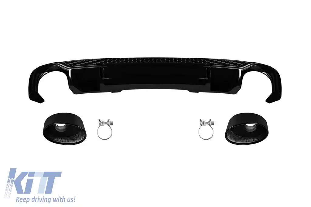 Difuzor tip RS4 cu capete negre potrivit pentru bara S-line din spate la Audi A4 B9 sedan, break 2015-2019 -O--O-