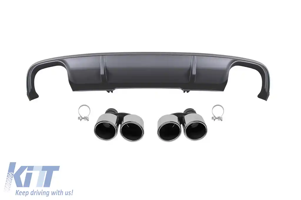 Difuzor tip S4 cu capete cromate potrivit pentru bara de protecție spate standard a Audi A4 B9 sedan, break 2015-2019 -oo--oo-