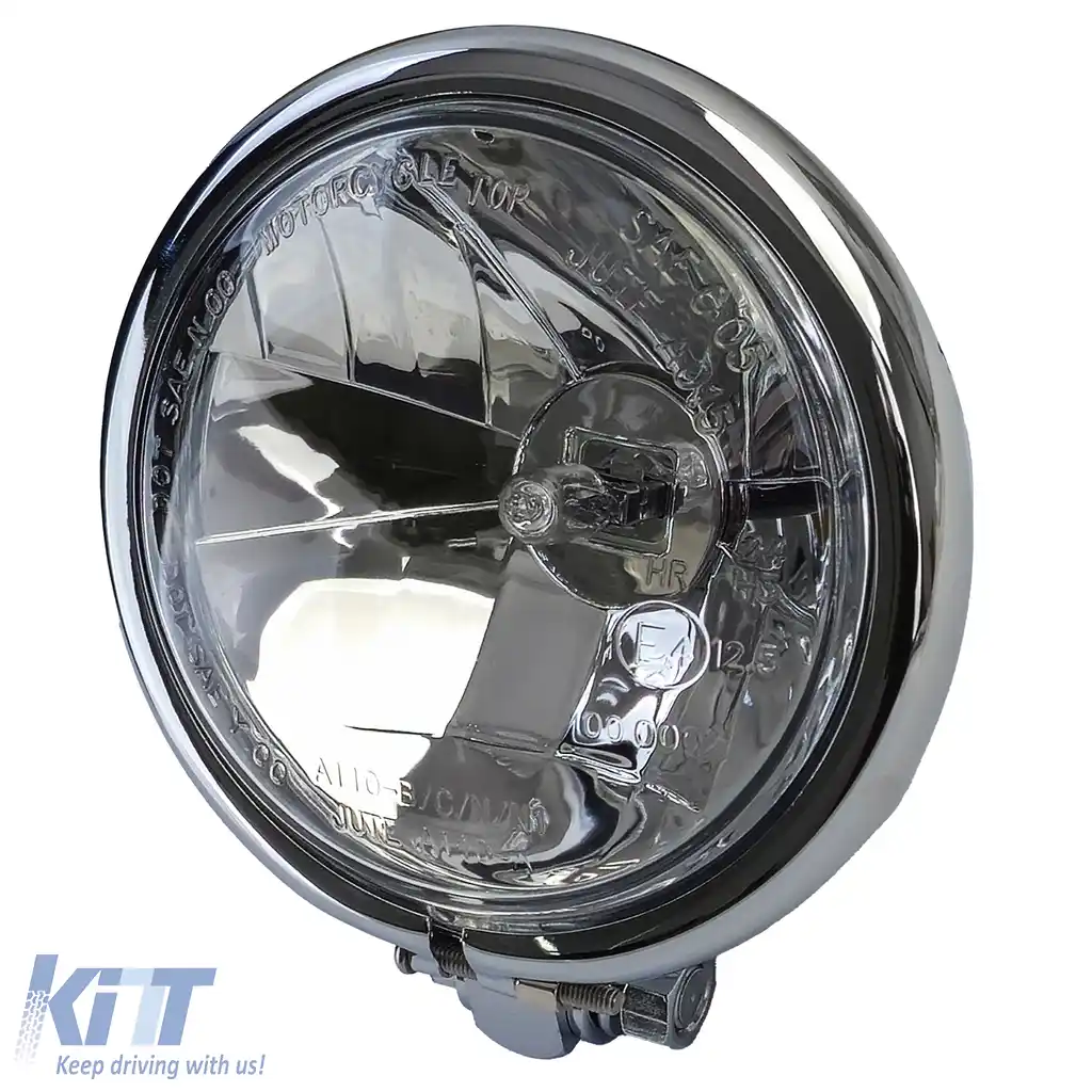Far motocicletă H3 universal cu sticlă clară, carcasă din oțel cromat, cu marcaj E